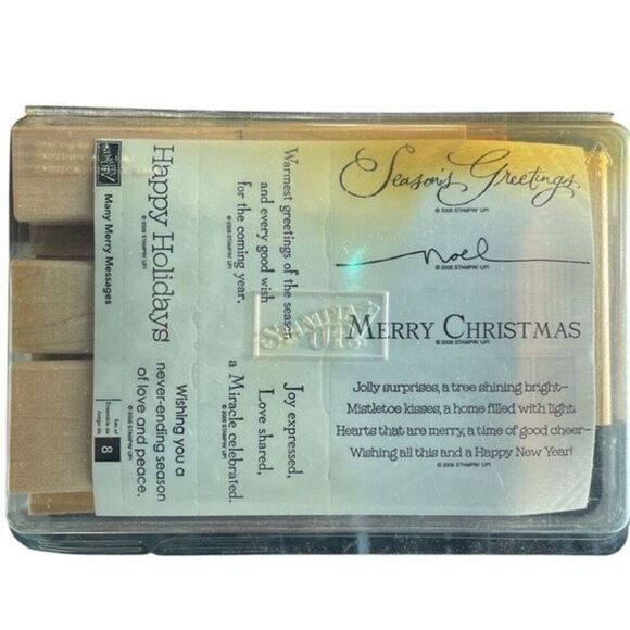 Stampin Up! Wooden Stamp Set 8 Piece Many Merry Messages Open Box - Picture 1 of 3